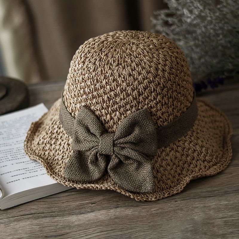 Brown Hand-Woven Paper Straw Sun Hat with Elegant Bow Knot (Medium Brim Style)