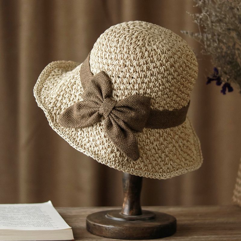 Beige Hand-Woven Paper Straw Sun Hat with Elegant Bow Knot (Medium Brim Style)