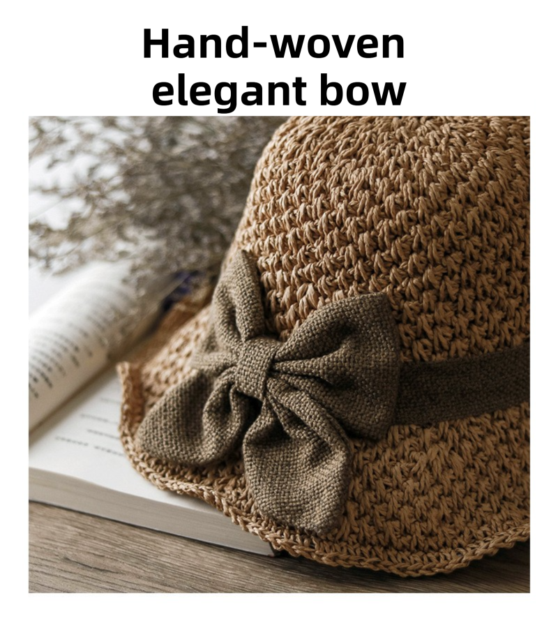 Beige Hand-Woven Paper Straw Sun Hat with Elegant Bow Knot (Medium Brim Style) view 4