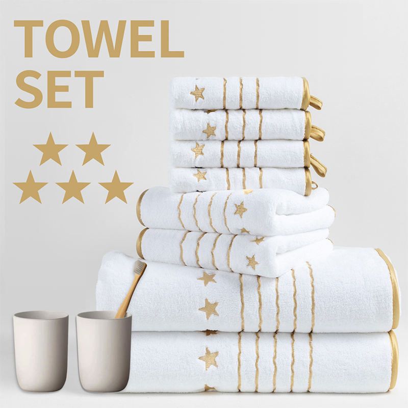 8-Piece White Luxury Coral Fleece Bath Towel Set - Gold Star Embroidery Ultra