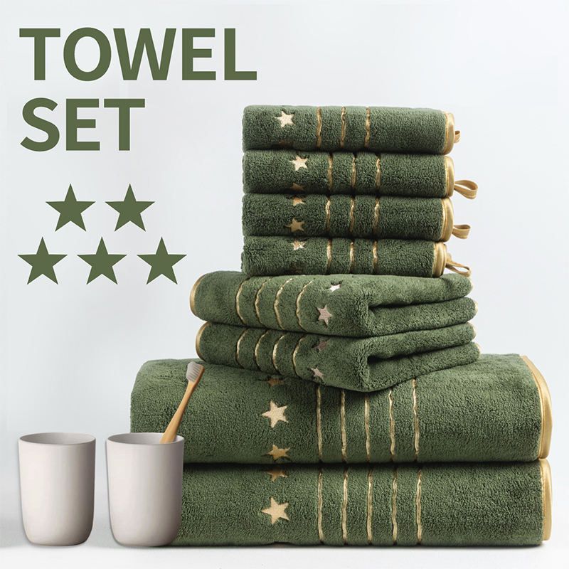 8-Piece Green Luxury Coral Fleece Bath Towel Set - Gold Star Embroidery Ultra