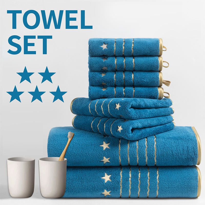 8-Piece Blue Luxury Coral Fleece Bath Towel Set - Gold Star Embroidery Ultra