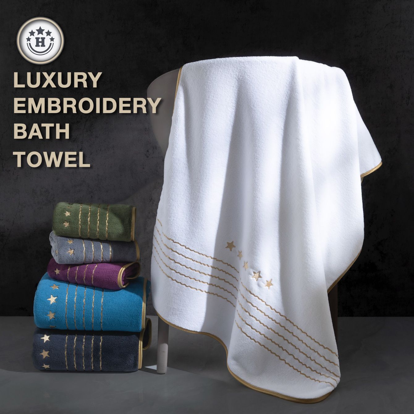 8-Piece Blue Luxury Coral Fleece Bath Towel Set - Gold Star Embroidery Ultra view 2