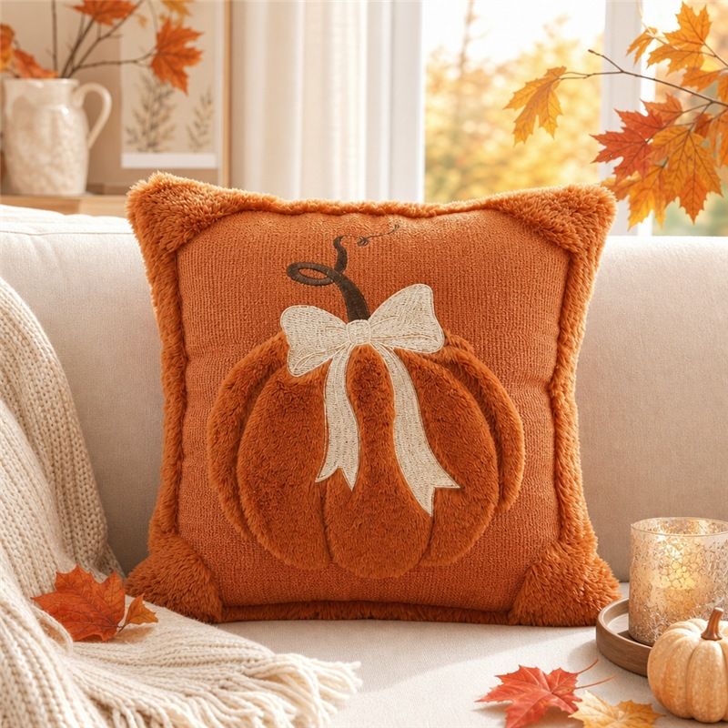 2 PCS Orange Pumpkin Embroidered Cushion Cover (45 x 45cm) - 3D Quilted Bow