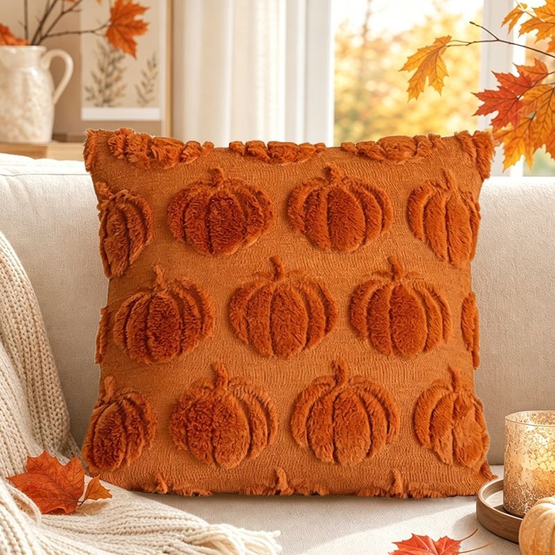 2 PCS Orange Pumpkin Embroidered Cushion Cover (45 x 45cm) - 3D Quilted Mini