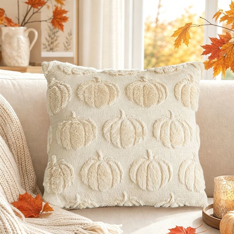 2 PCS Beige Pumpkin Embroidered Cushion Cover (45 x 45cm) - 3D Quilted Mini
