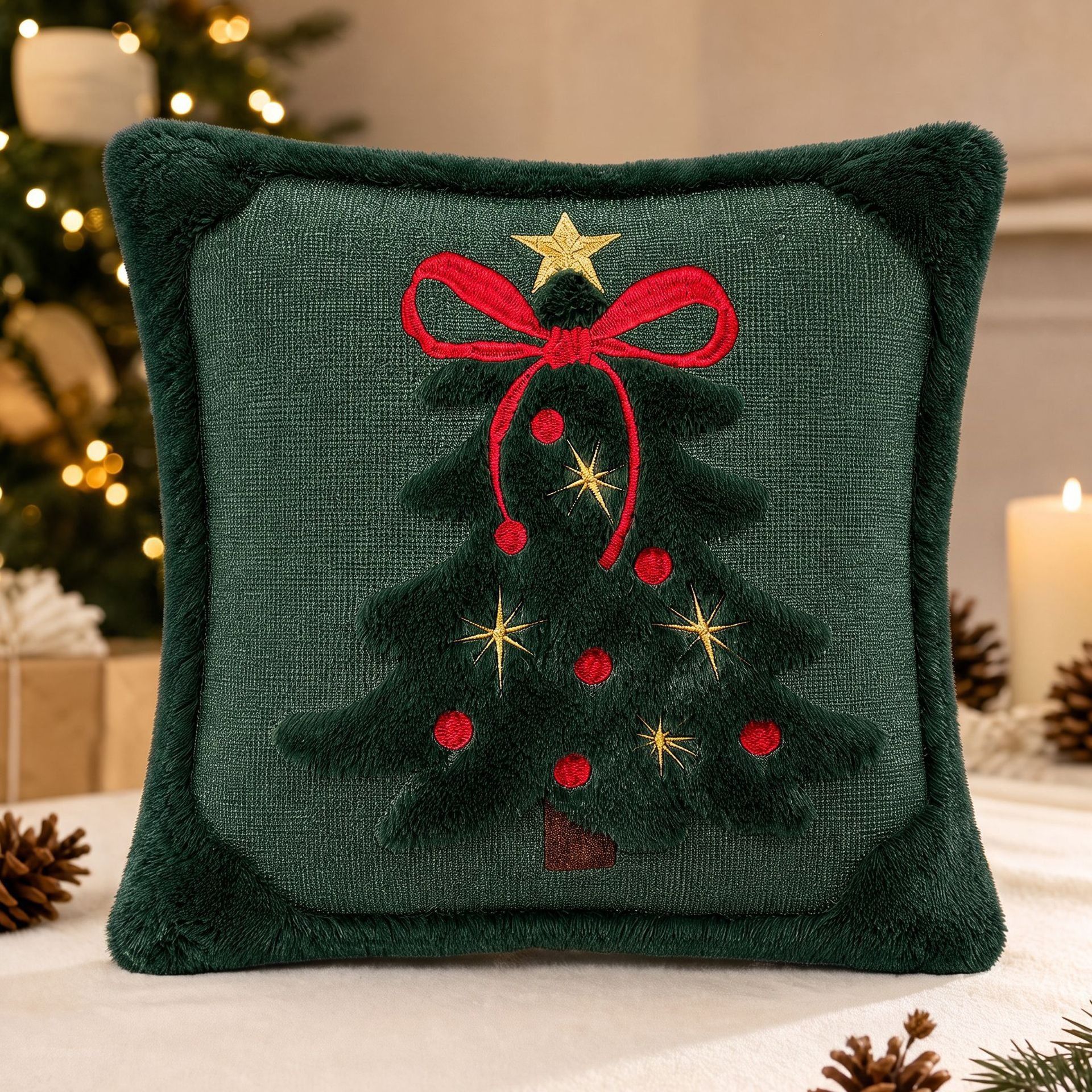 2 PCS Green Christmas Tree Embroidered Cushion Cover (45 x 45cm) - 3D Quilted