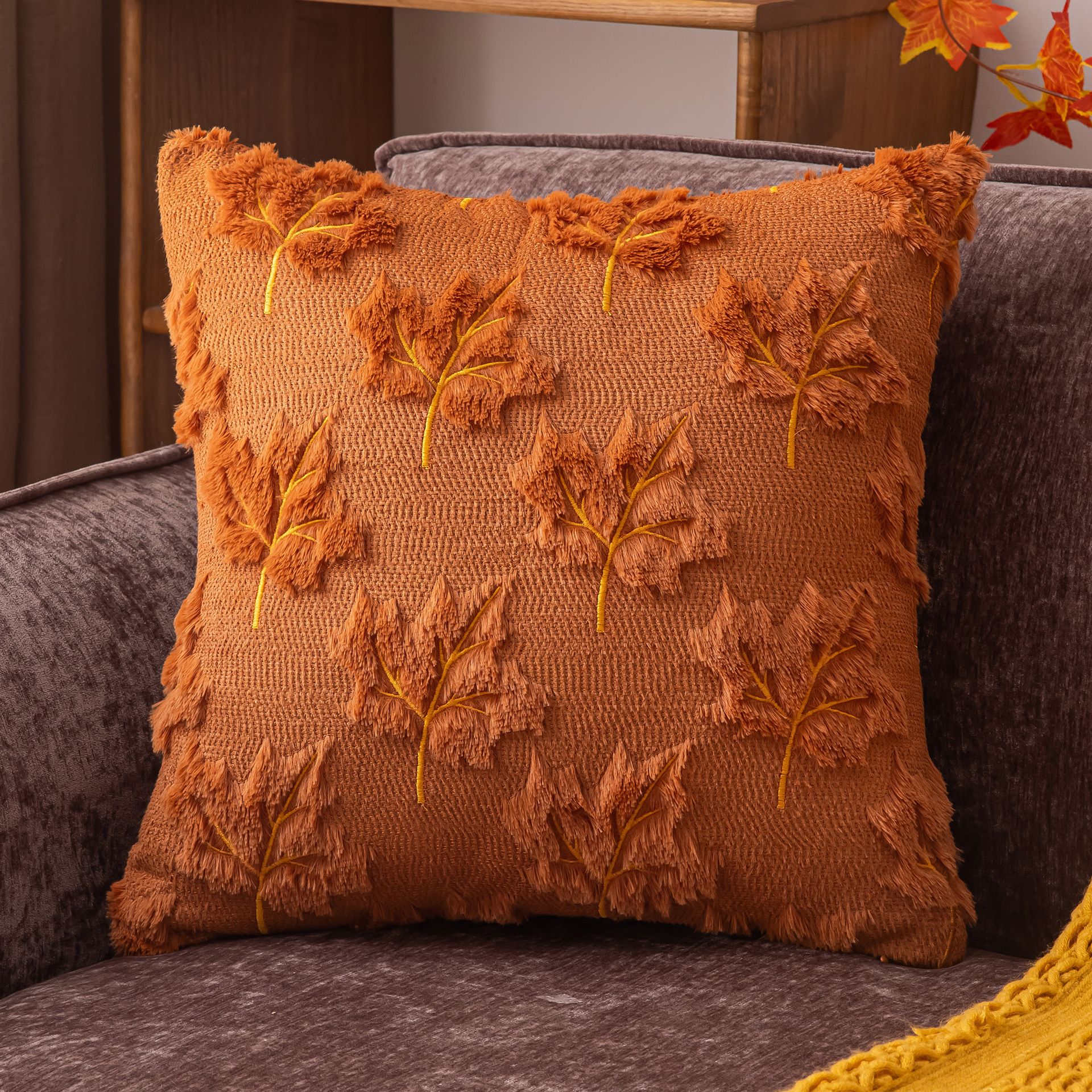 2 PCS Orange Maple Leaf Embroidered Cushion Cover (45 x 45cm) - 3D Quilted