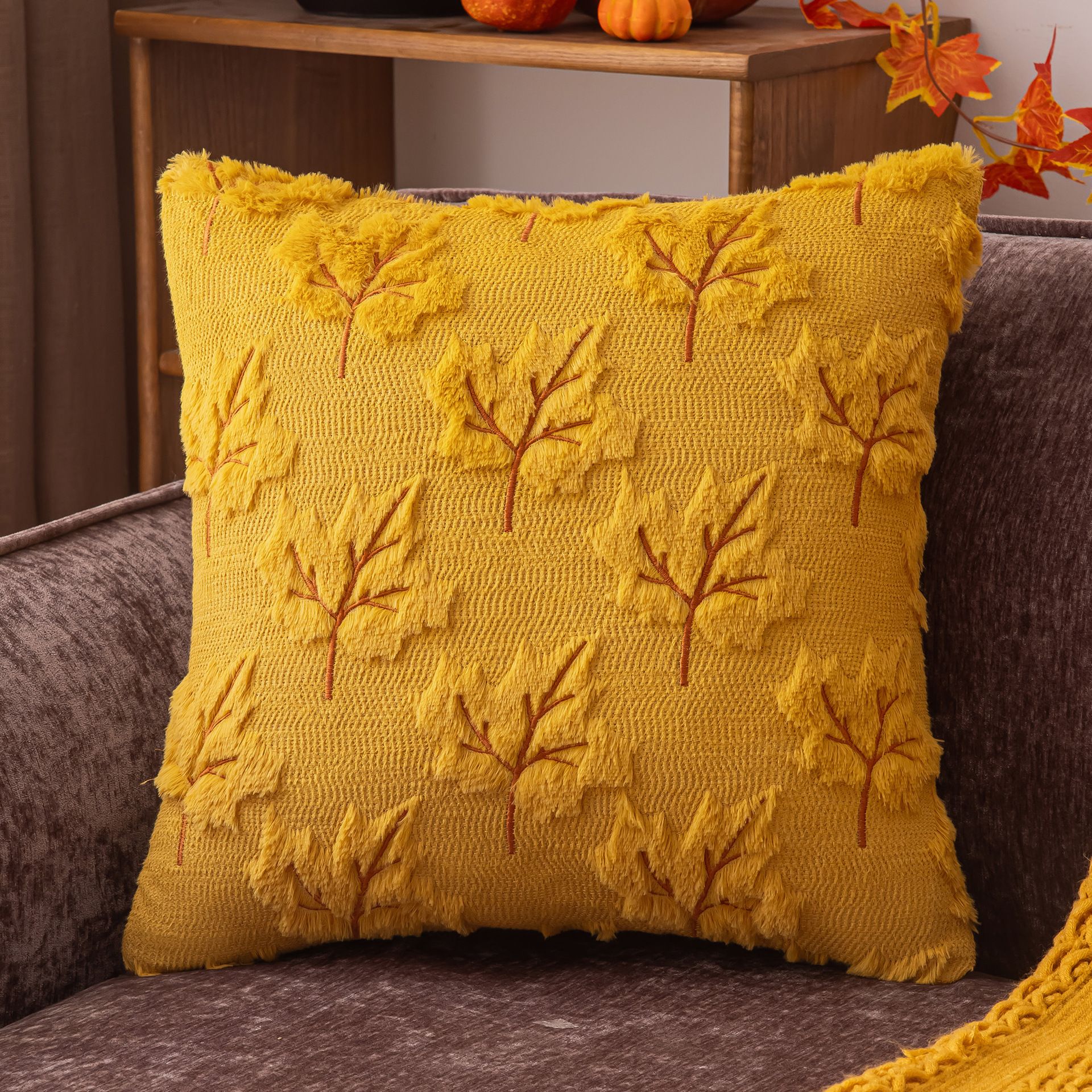 2 PCS Yellow Maple Leaf Embroidered Cushion Cover (45 x 45cm) - 3D Quilted