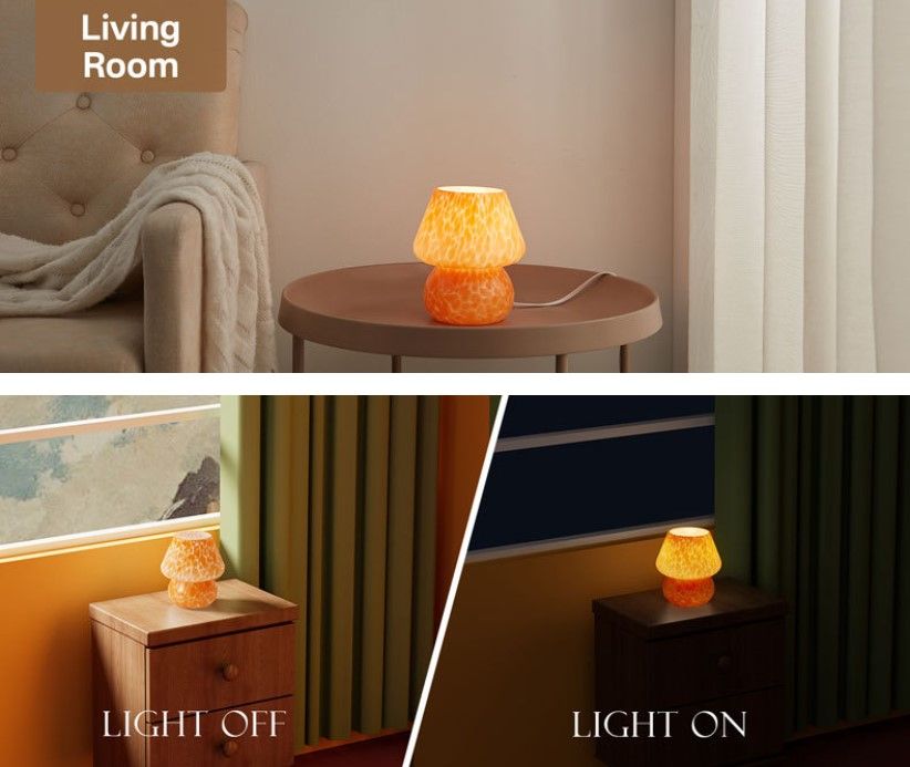 Orange Spot Hand Blown Glass Mushroom Table Lamp - Compact Nordic Bedside Desk view 3