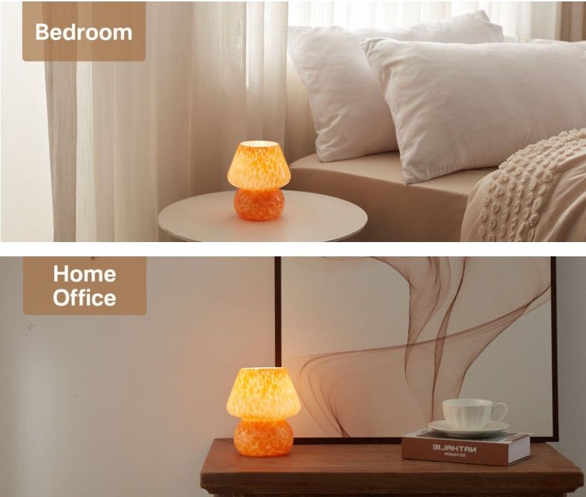 Orange Spot Hand Blown Glass Mushroom Table Lamp - Compact Nordic Bedside Desk view 4