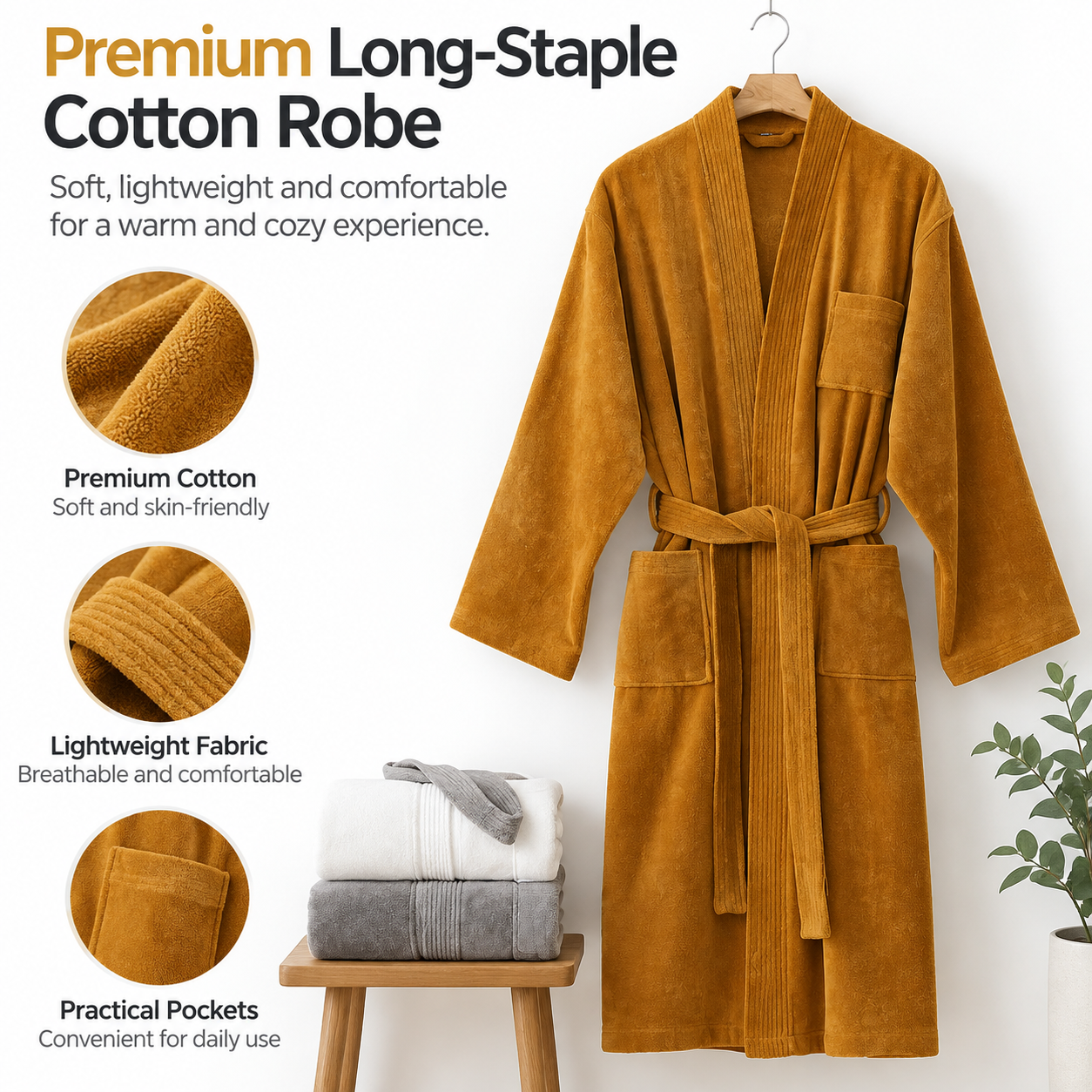 Grey Soft Absorbent 100% Cotton Terry Bathrobe - 120cm Long Adult Towel Robe view 2