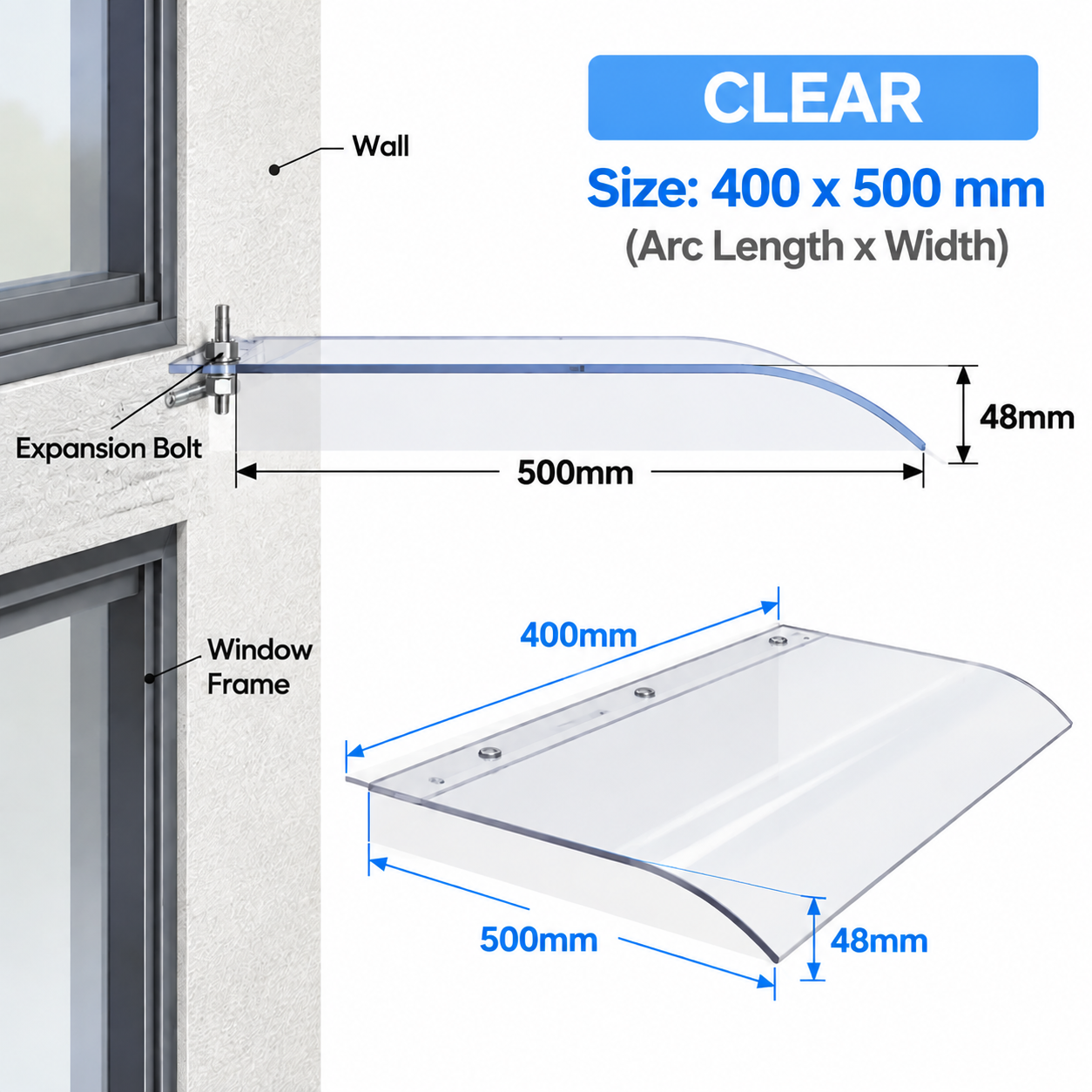 Bracket Free Transparent Window Rain Awning - 400 x 500mm Stackable Thickened view 5