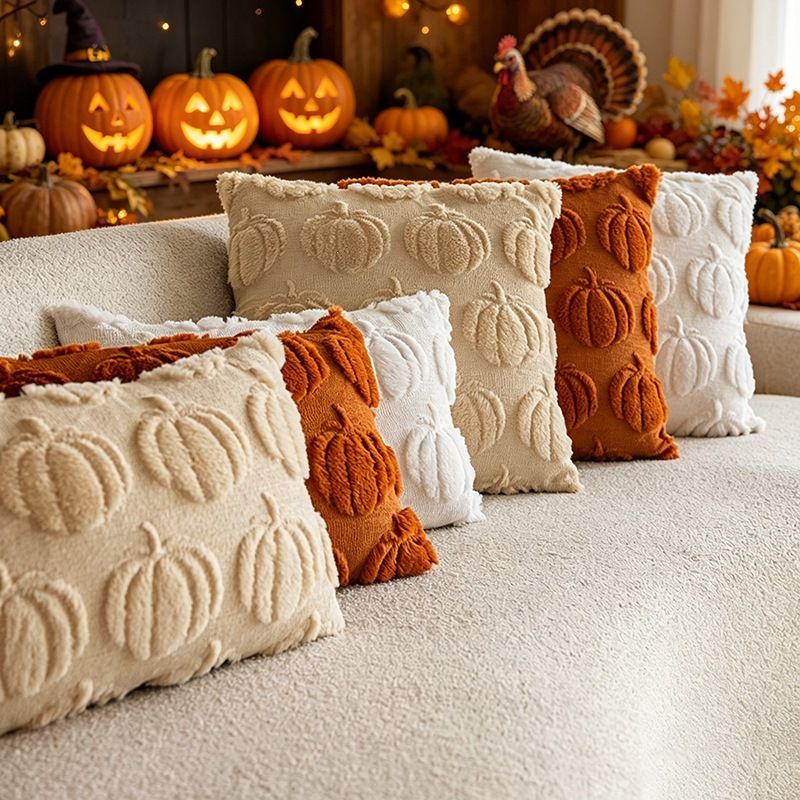 Orange Pumpkin Embroidered Cushion (45 x 45cm) with Cotton Insert and view 4