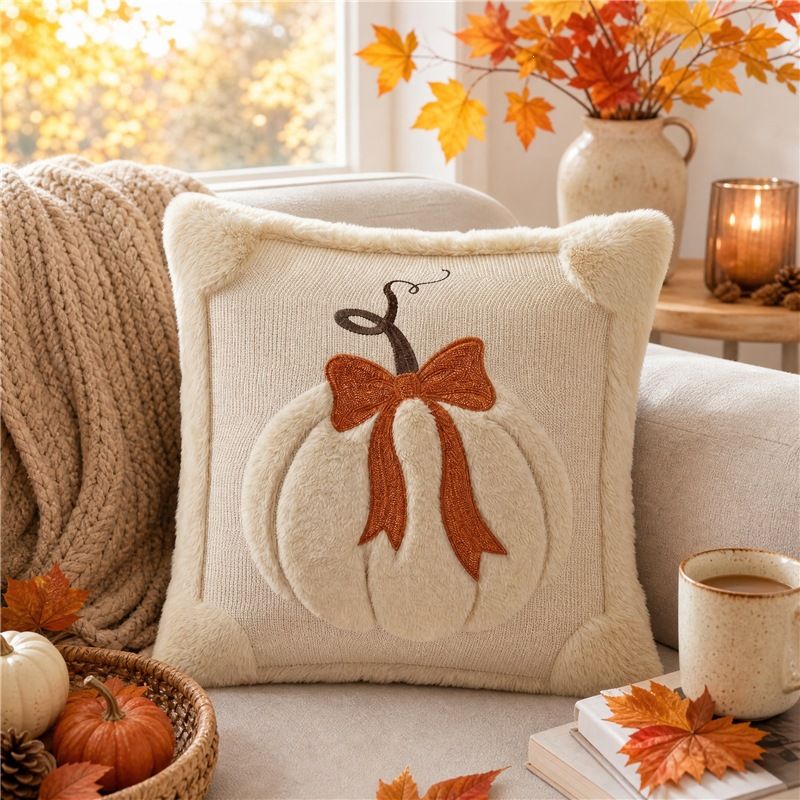 Beige Pumpkin Embroidered Cushion (45 x 45cm) with Cotton Insert and Removable