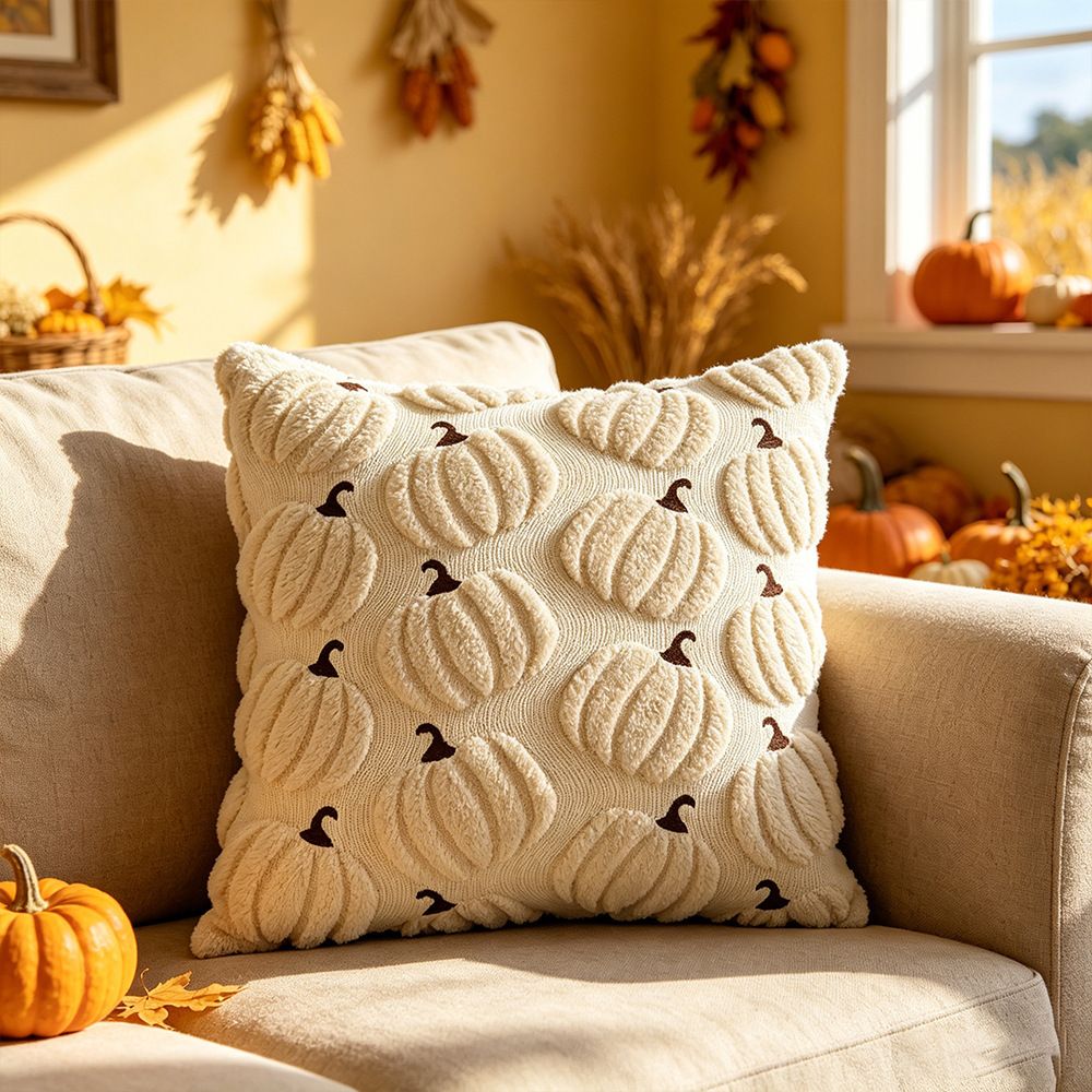 Beige Pumpkin Embroidered Cushion (45 x 45cm) with Cotton Insert and Removable