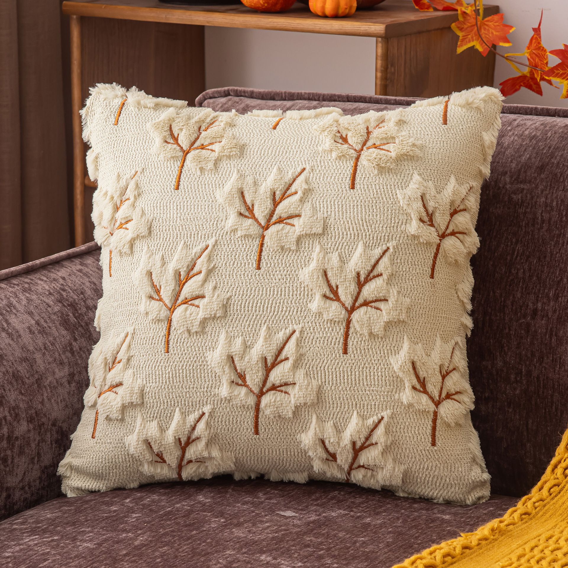 Beige Maple Leaf Embroidered Cushion (45 x 45cm) with Cotton Insert and