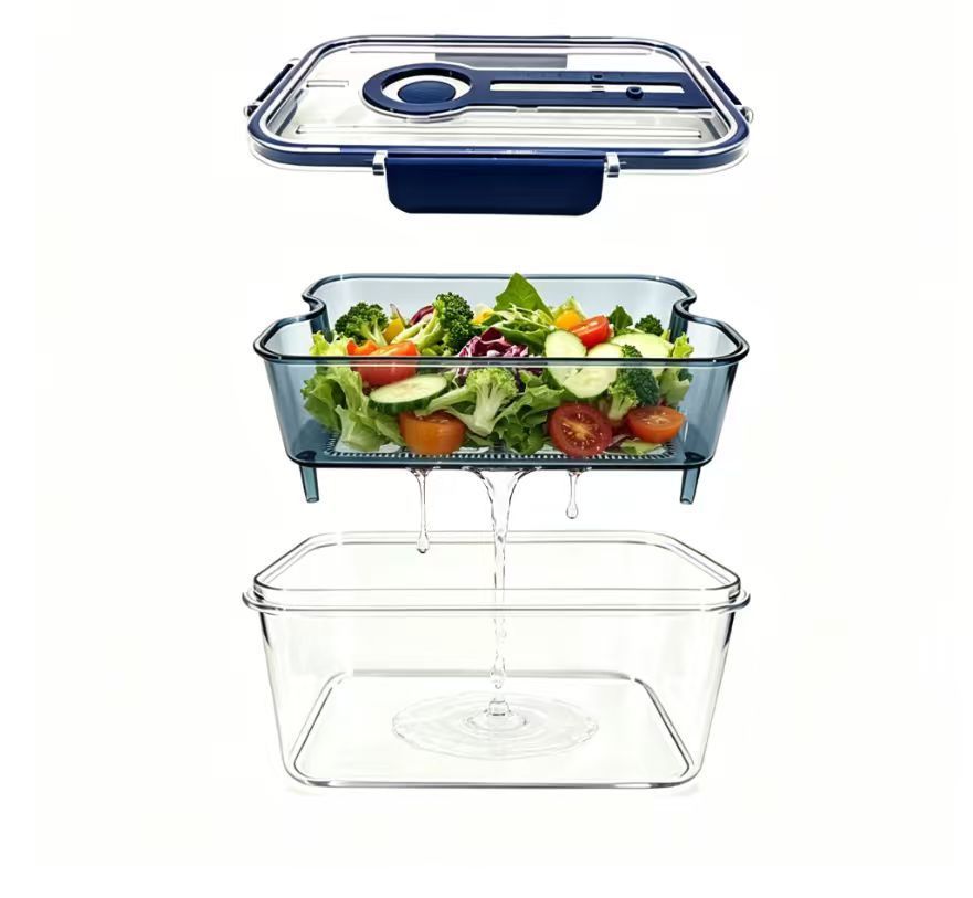 Blue Double Layer Drain Storage Box - Produce Keeper with Removable Drain