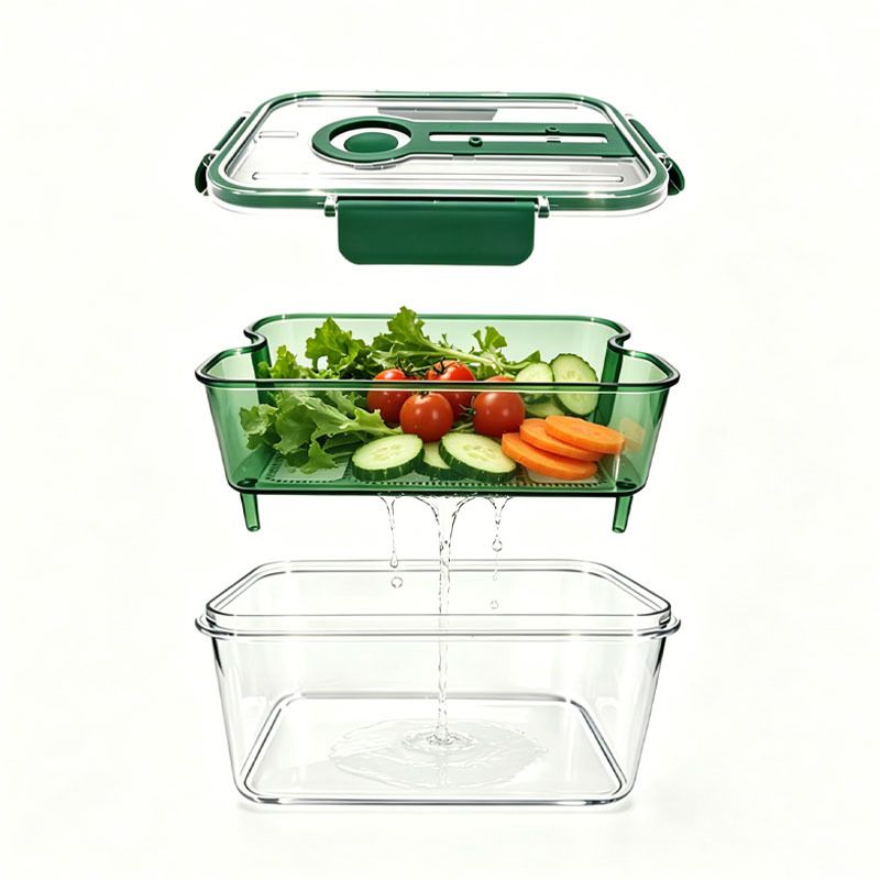 Green Double Layer Drain Storage Box - Produce Keeper with Removable Drain