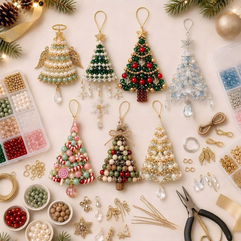 DIY Christmas Tree Beaded Ornament Kit - Rustic Christmas Tree Handmade Bead view 2