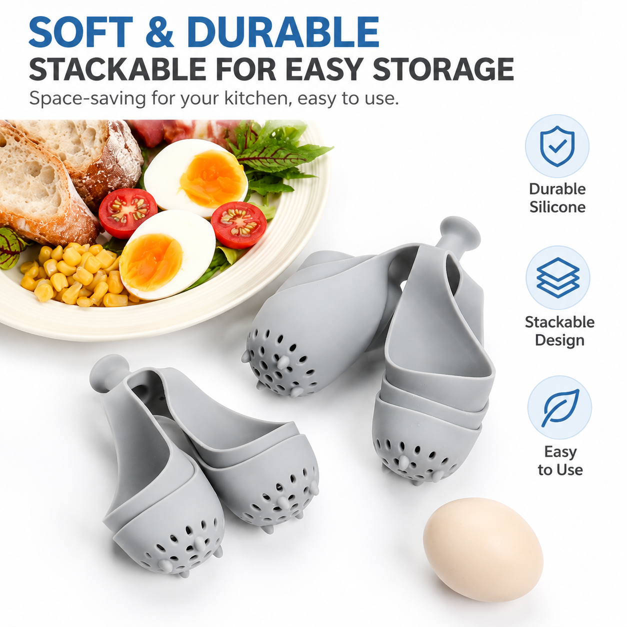 Stackable Soft Silicone Egg Boiler Holder - Reusable 6-Hole Egg Poaching and view 4