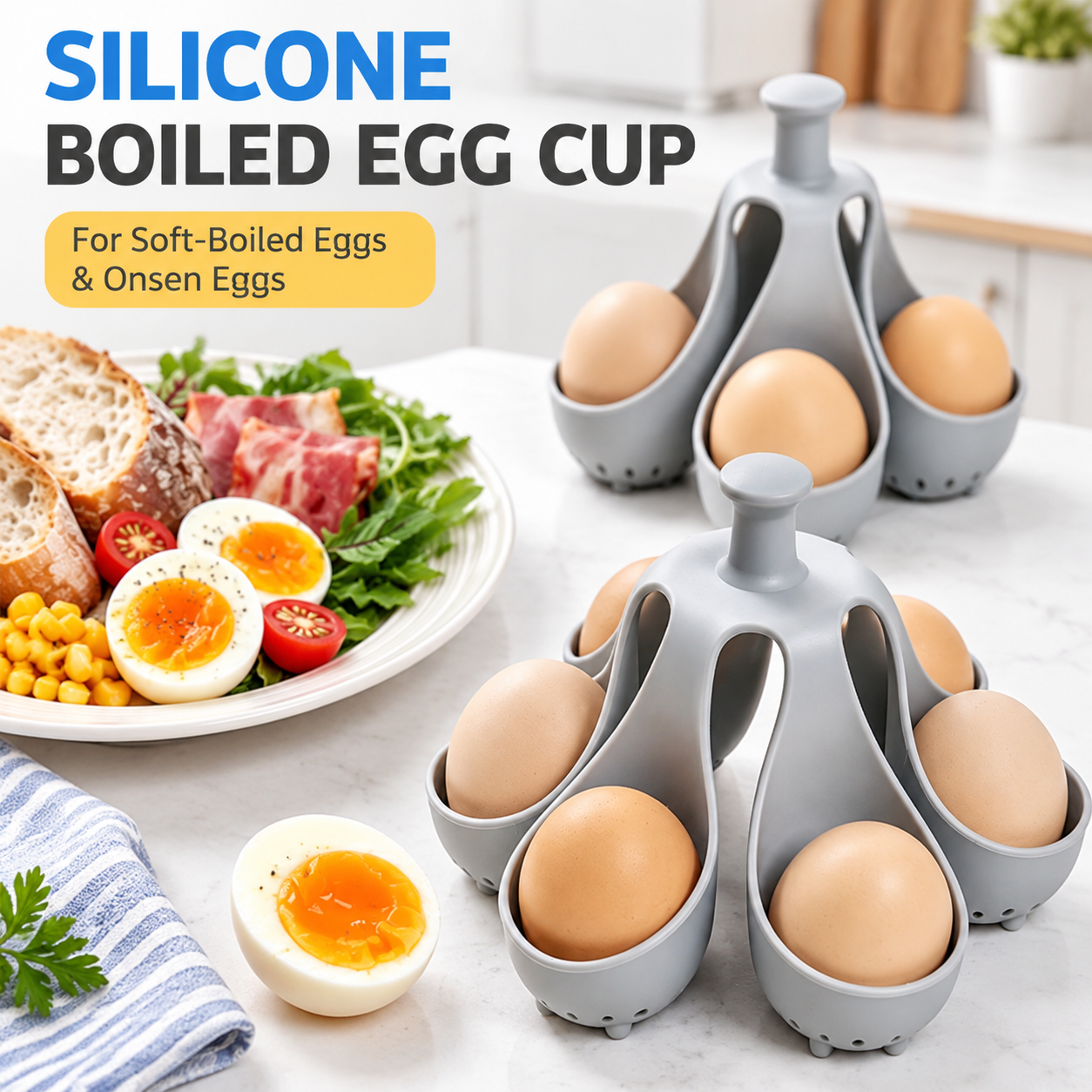 Stackable Soft Silicone Egg Boiler Holder - Reusable 4-Hole Egg Poaching and view 2