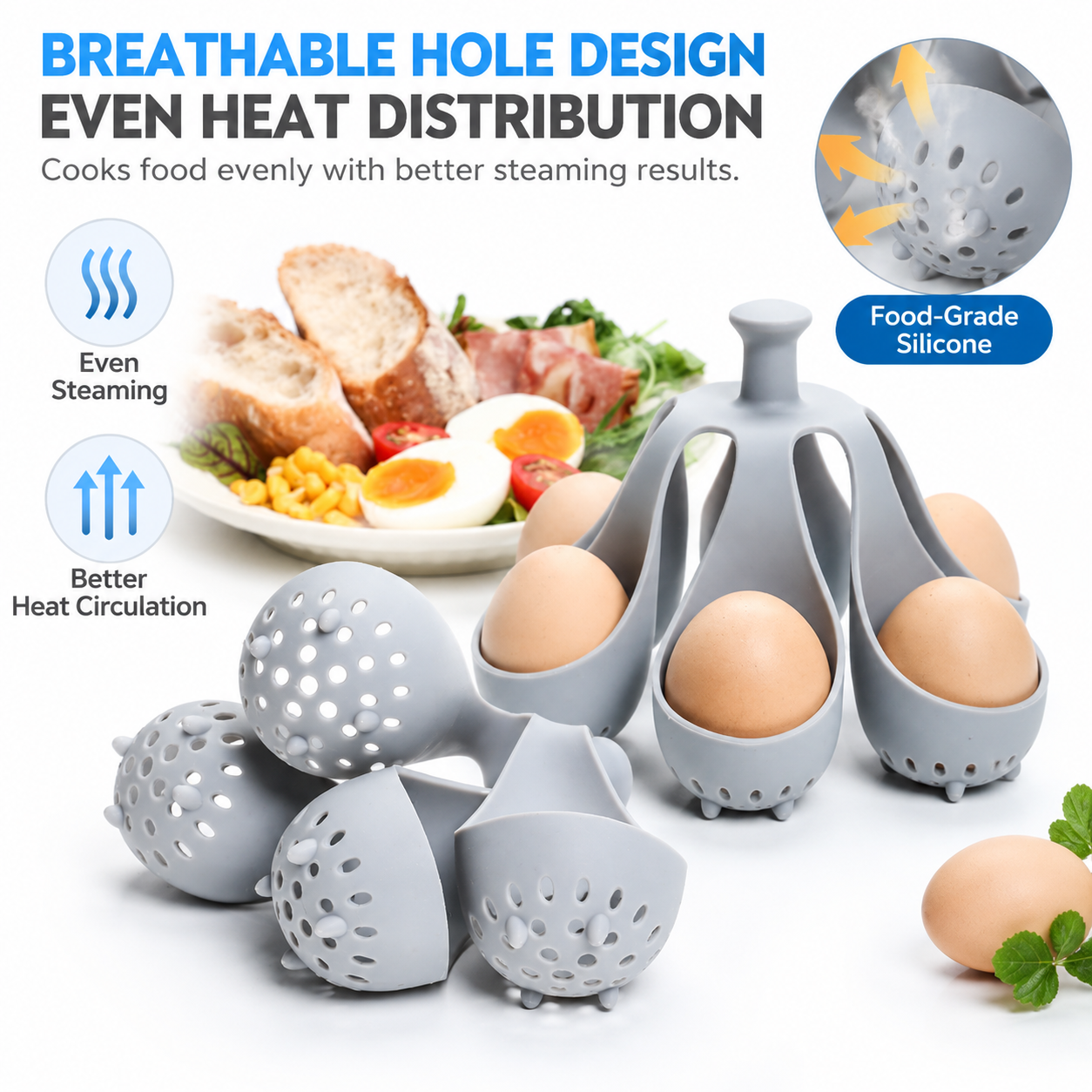 Stackable Soft Silicone Egg Boiler Holder - Reusable 4-Hole Egg Poaching and view 3
