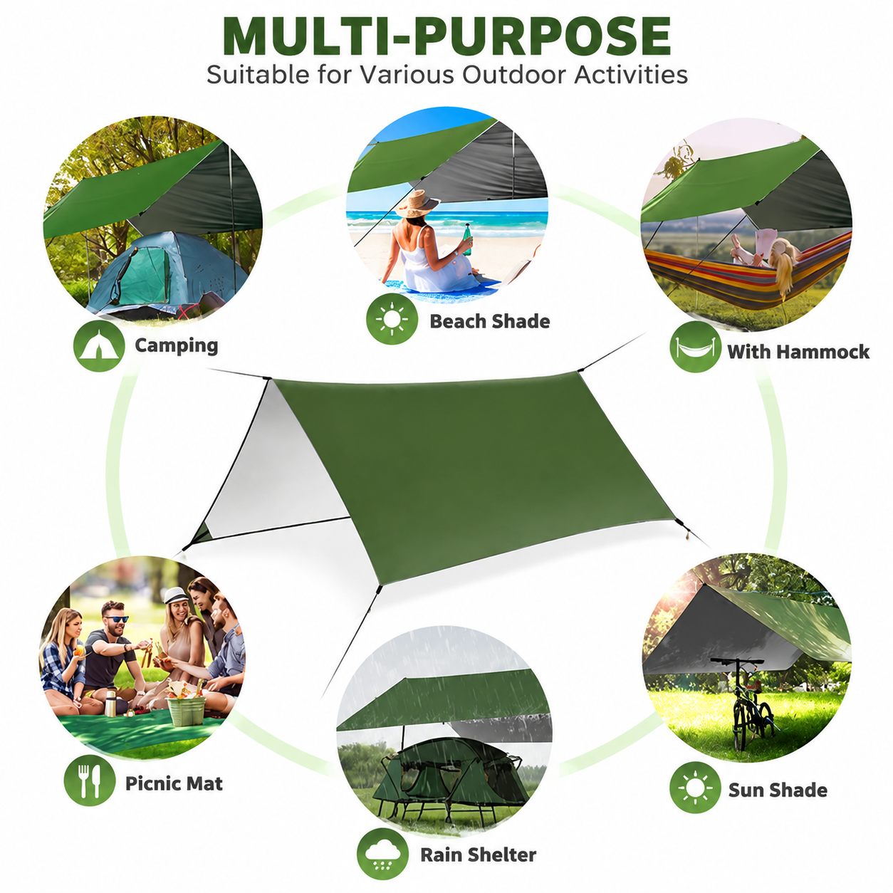 Green 300 x 300cm Waterproof Camping Tarp Shelter Set - Silver Coated Sun view 4