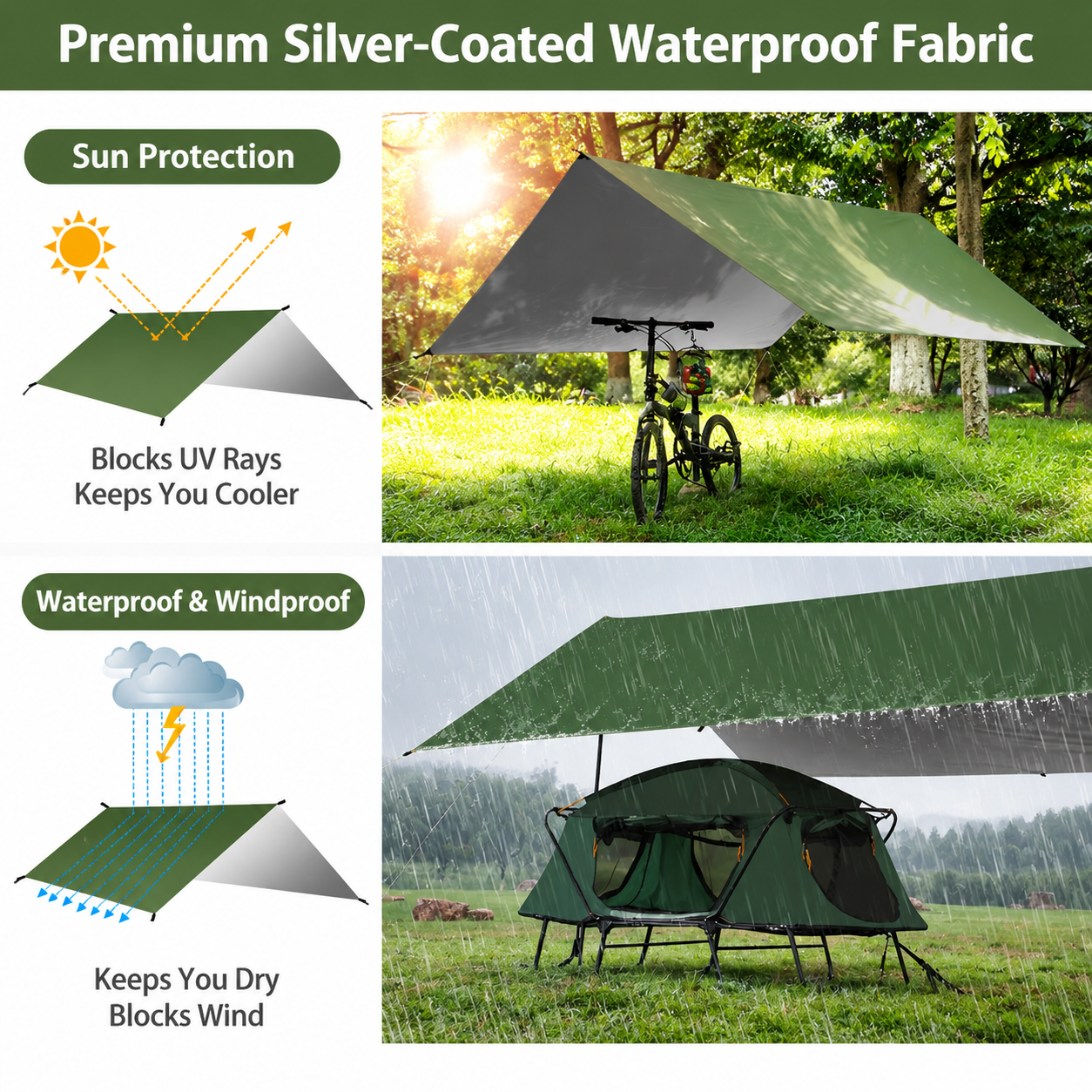 Grey 300 x 300cm Waterproof Camping Tarp Shelter Set - Silver Coated Sun view 2