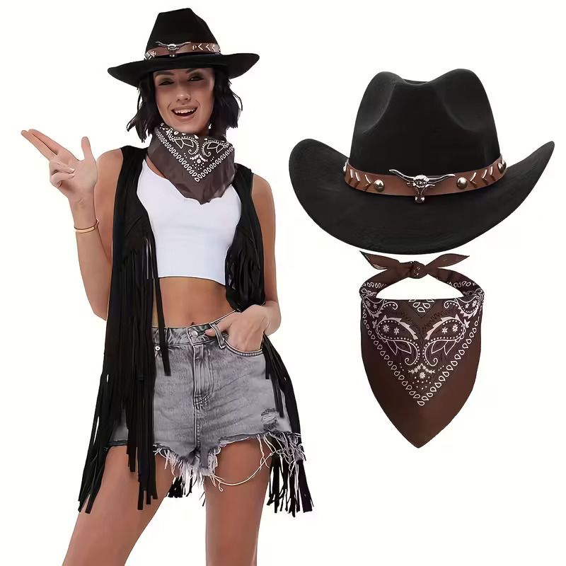 Women's Western Cowboy Hat and Paisley Bandana Set - Black PU Cowgirl Hat with