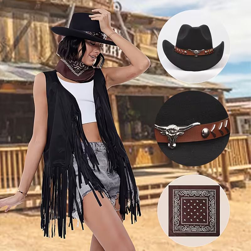 Women's Western Cowboy Hat and Paisley Bandana Set - Black PU Cowgirl Hat with view 2