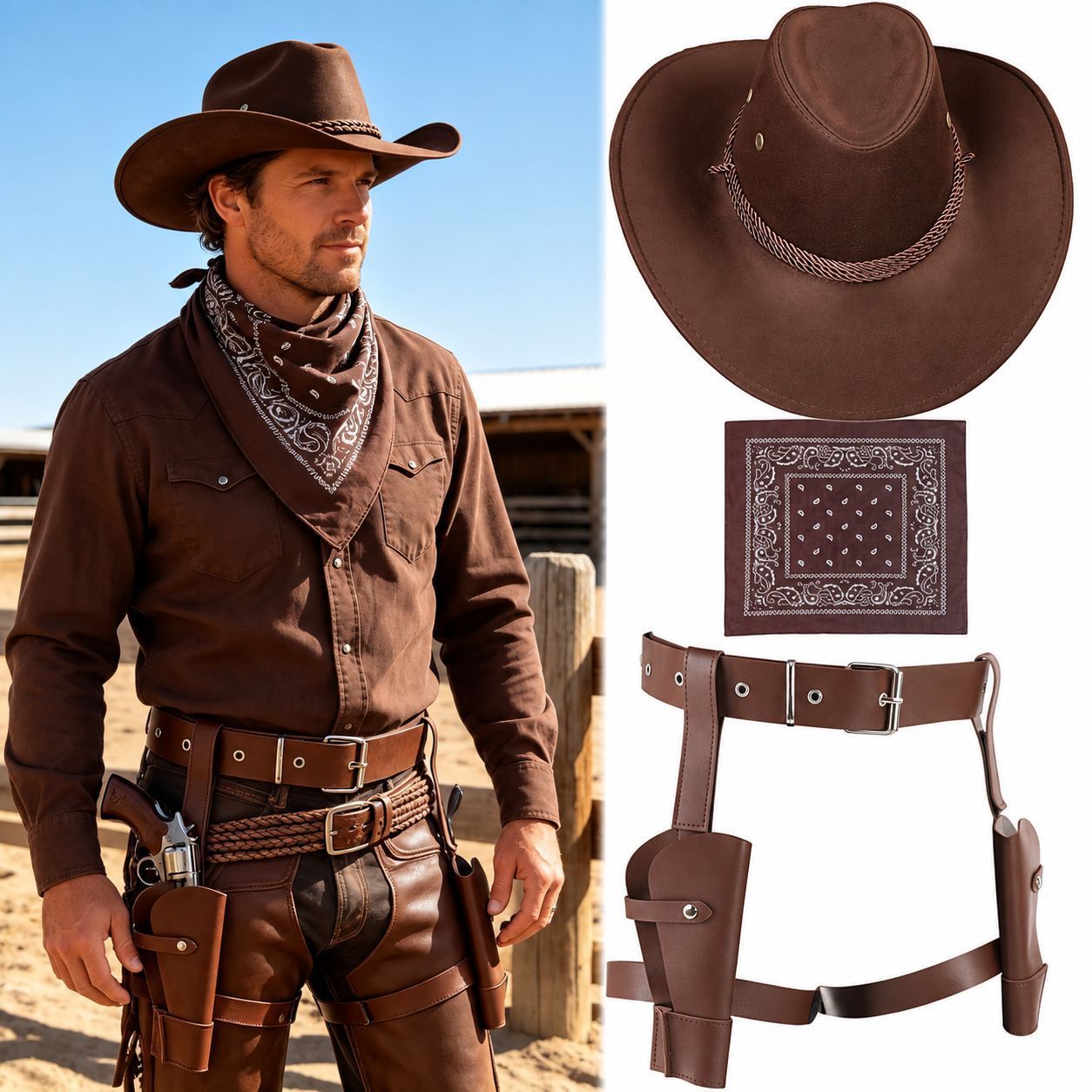 3-Piece Brown Men's Western Cowboy Costume Set - PU Cowboy Hat