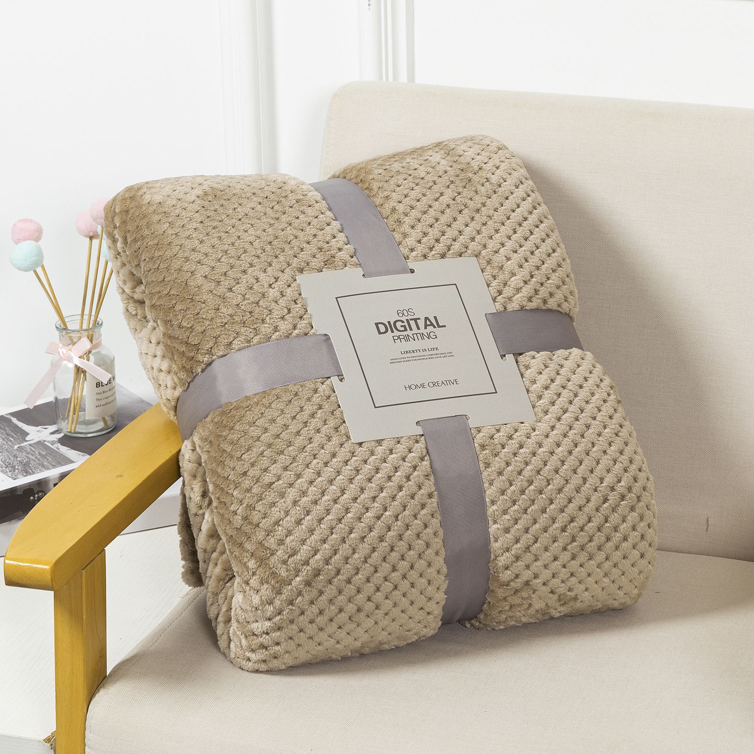 200 x 360cm Khaki Pineapple Grid Plush Sofa Blanket for 4 Seater - Soft Thick