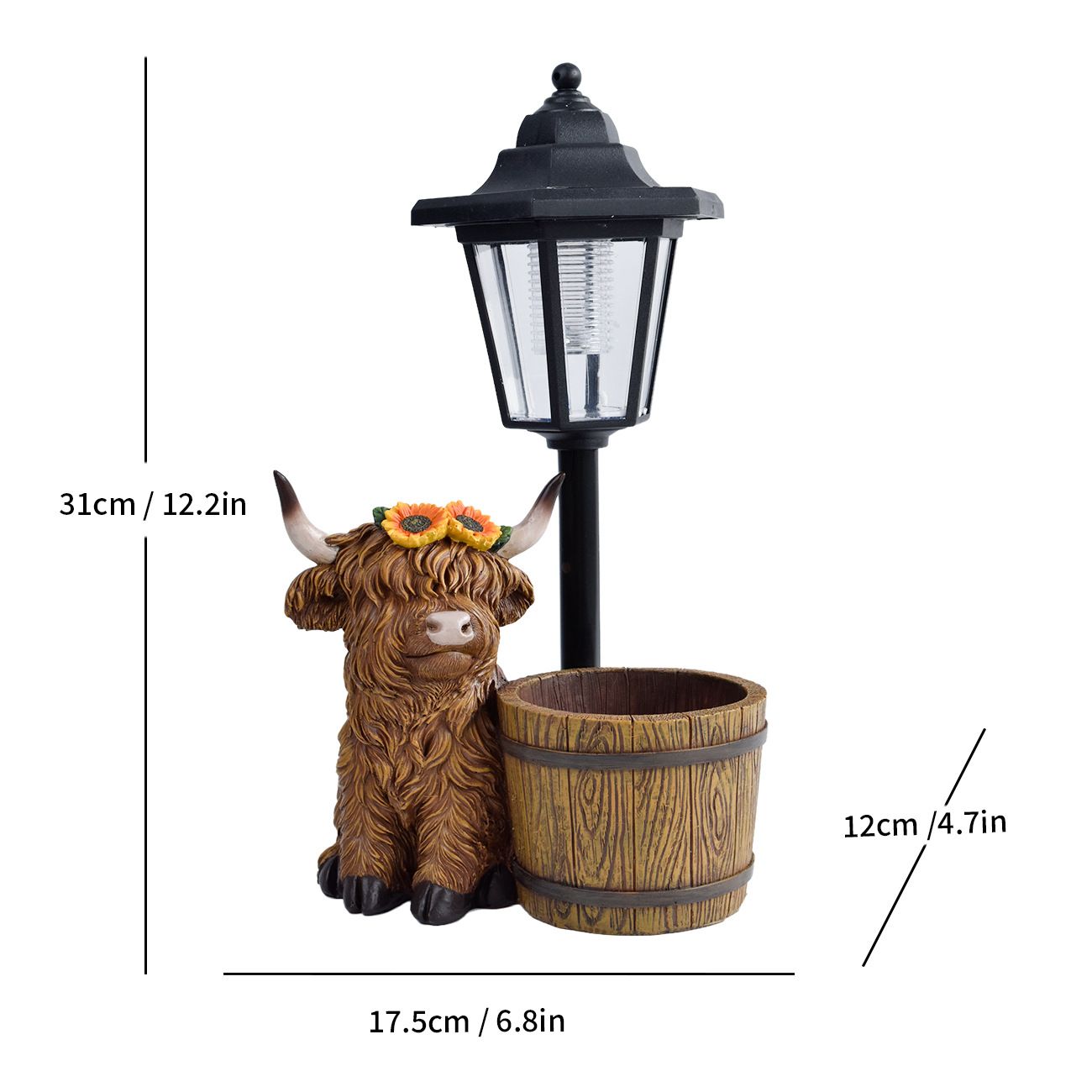Highland Cow Solar Garden Light Style 1 - Resin Animal Statue with Planter view 2