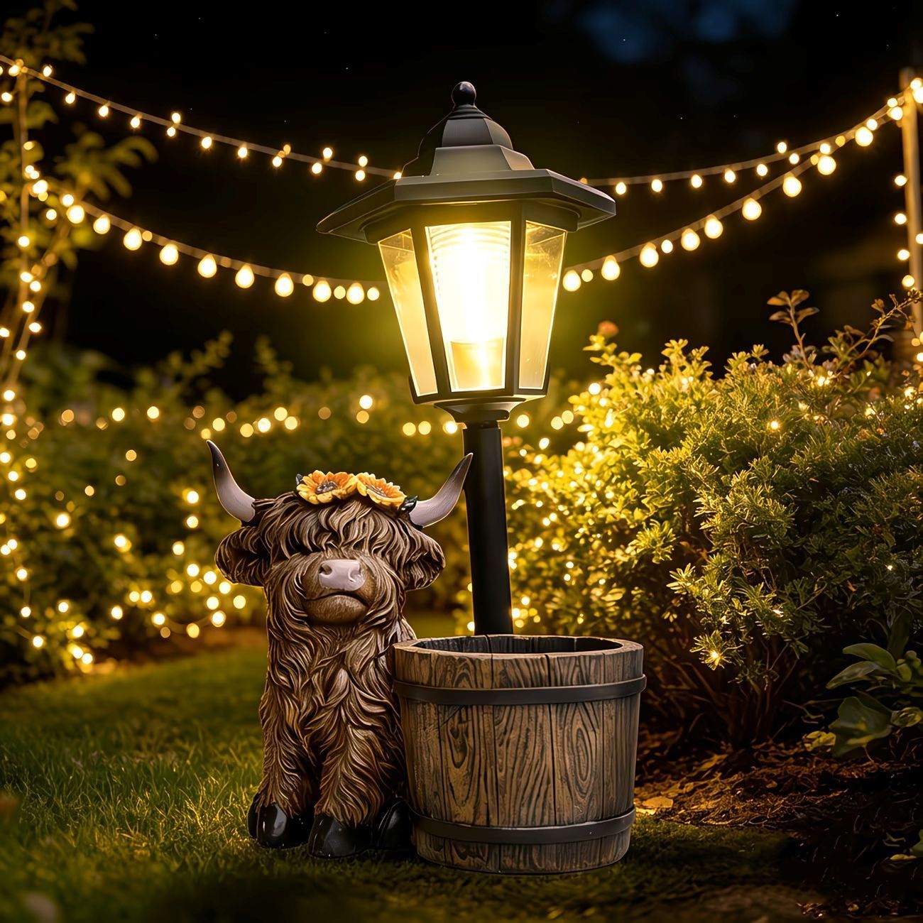 Highland Cow Solar Garden Light Style 1 - Resin Animal Statue with Planter view 3