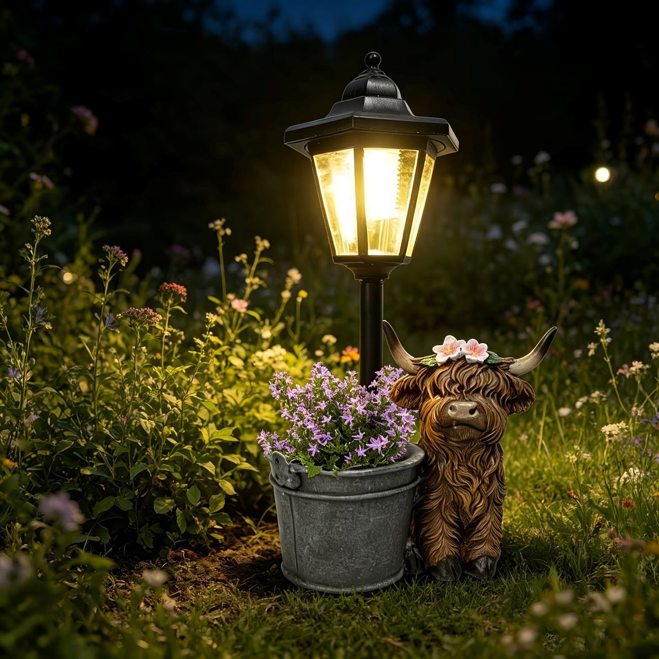 Highland Cow Solar Garden Light Style 2 - Resin Animal Statue with Planter view 3