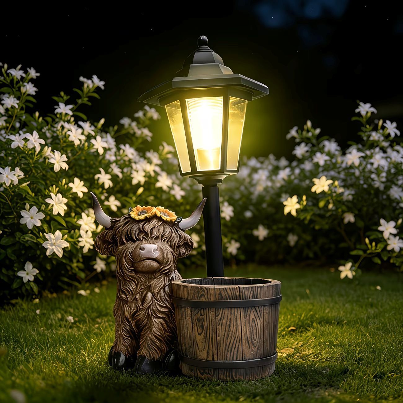 Highland Cow Family Solar Garden Light Style 3 - Resin Animal Statue with view 2