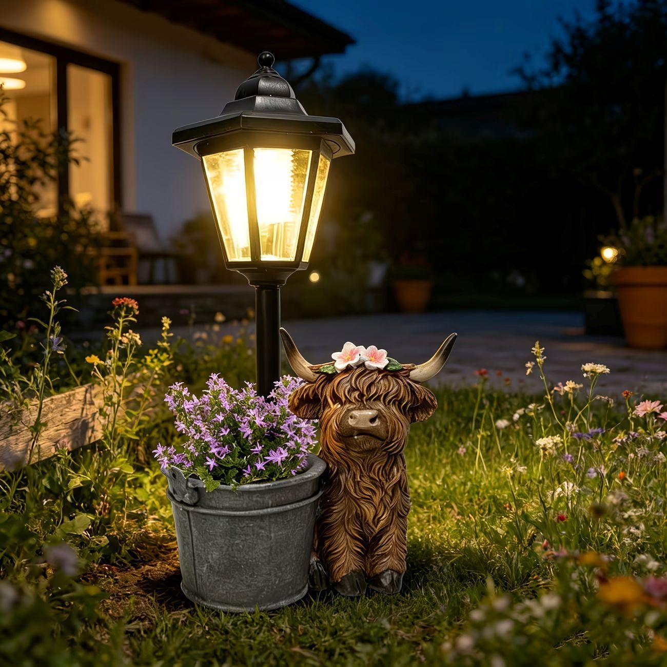 Highland Cow Family Solar Garden Light Style 5 - Resin Animal Statue with view 3
