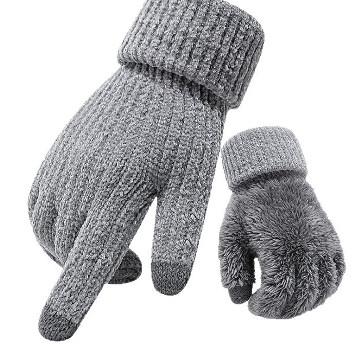 2 Pair Grey Men's Double Layer Chenille Winter Touchscreen Gloves - Thick — image 1