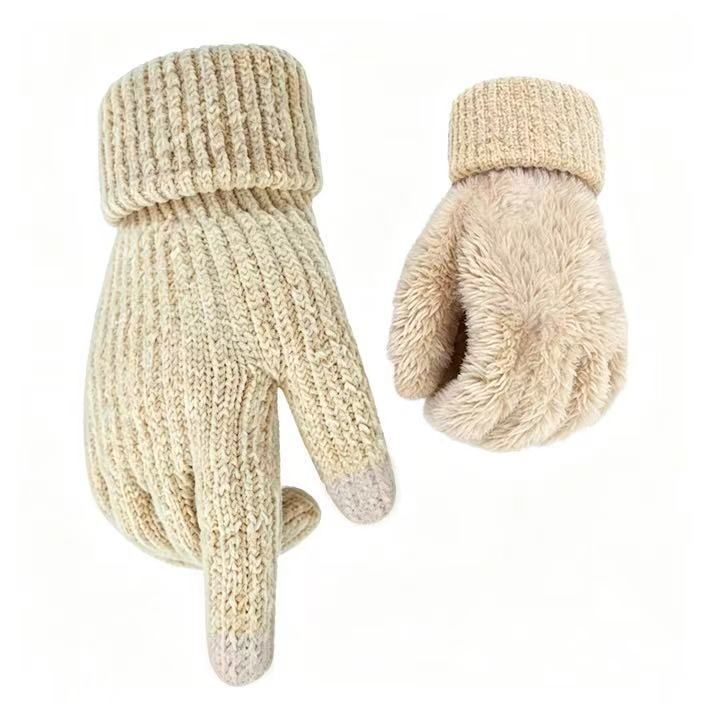 2 Pair Beige Women's Double Layer Chenille Winter Touchscreen Gloves - Thick
