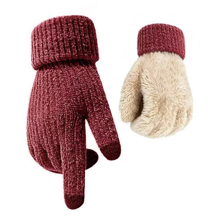 2 Pair Red Women's Double Layer Chenille Winter Touchscreen Gloves - Thick