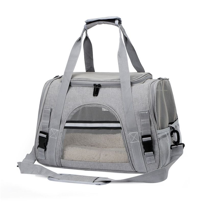 Grey Foldable Pet Carrier Bag with Breathable Mesh Windows