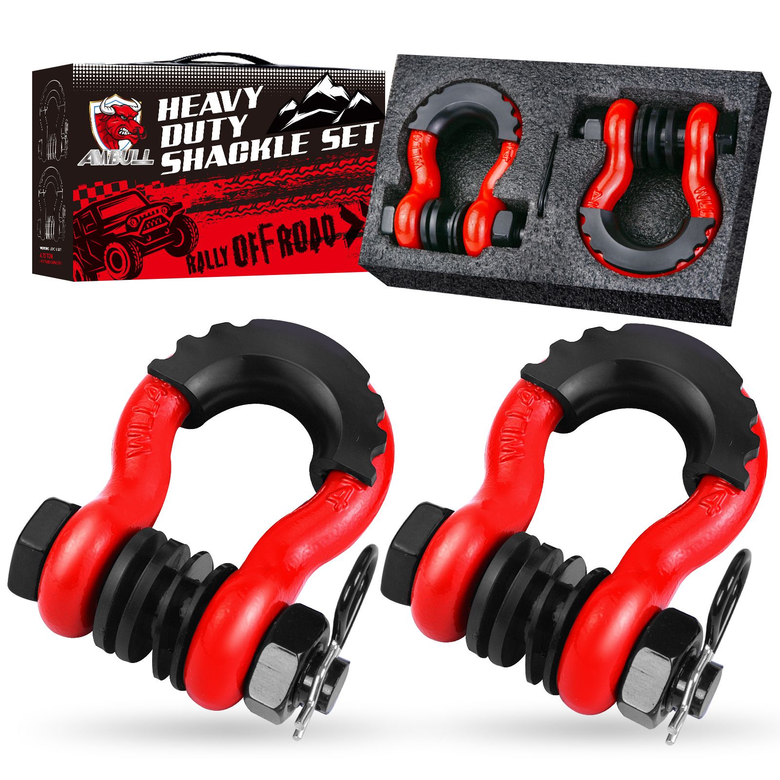 Gift Box Set of Red 3/4" D-Ring Tow Shackle (2 Pack) - Carbon Steel Bow