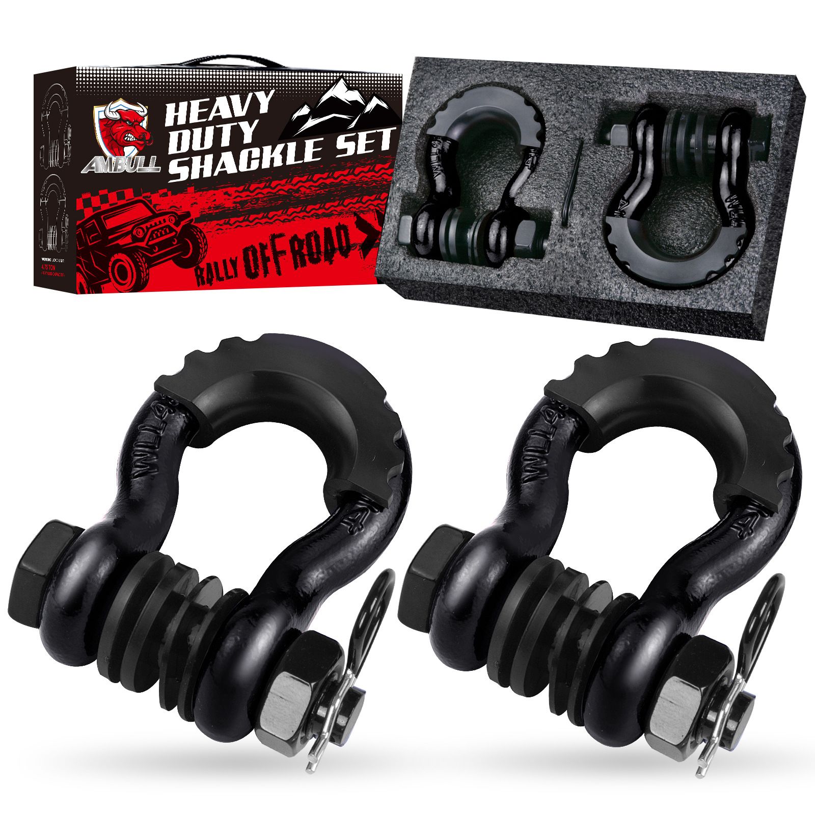 Gift Box Set of Black 3/4" D-Ring Tow Shackle (2 Pack) - Carbon Steel Bow