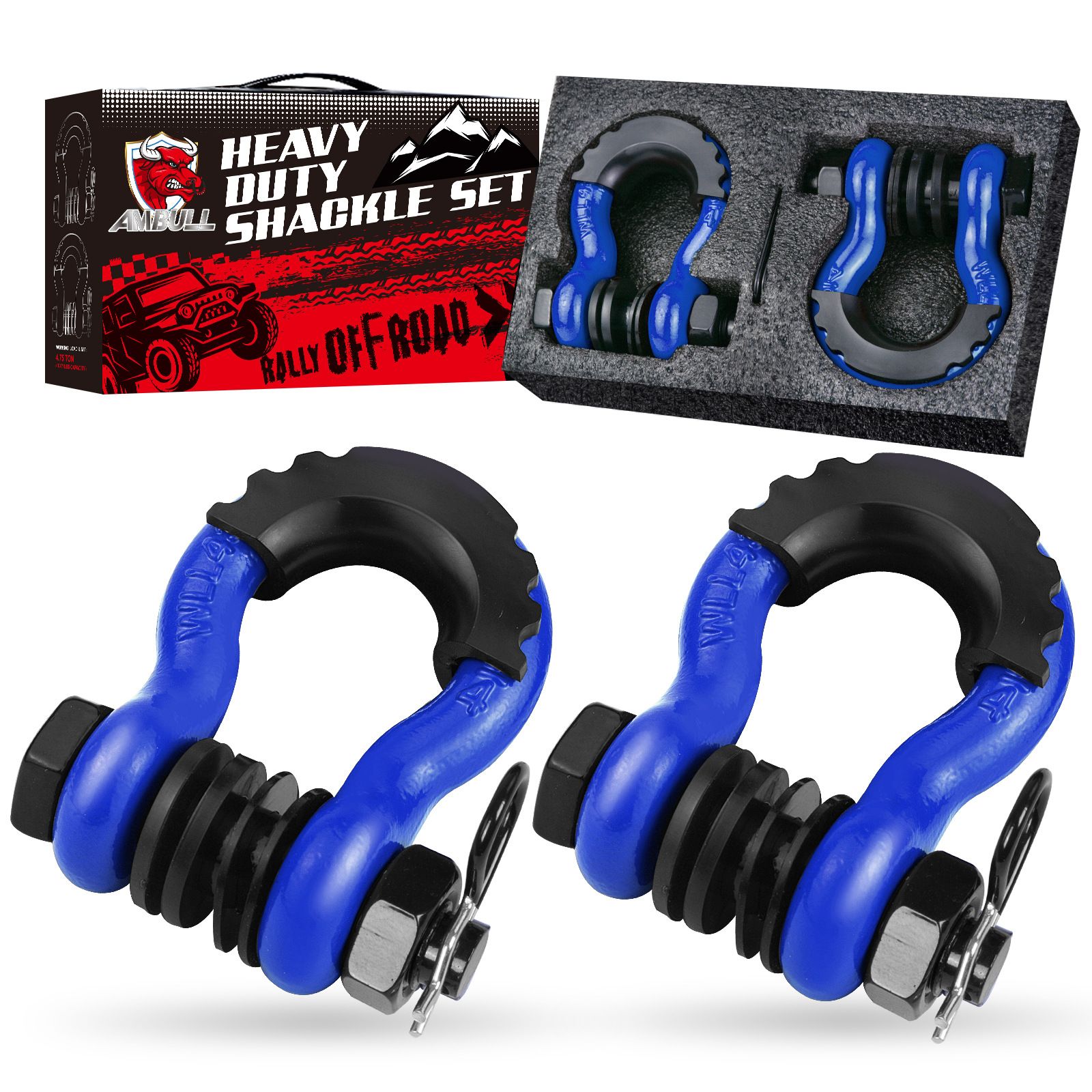 Gift Box Set of Blue 3/4" D-Ring Tow Shackle (2 Pack) - Carbon Steel Bow