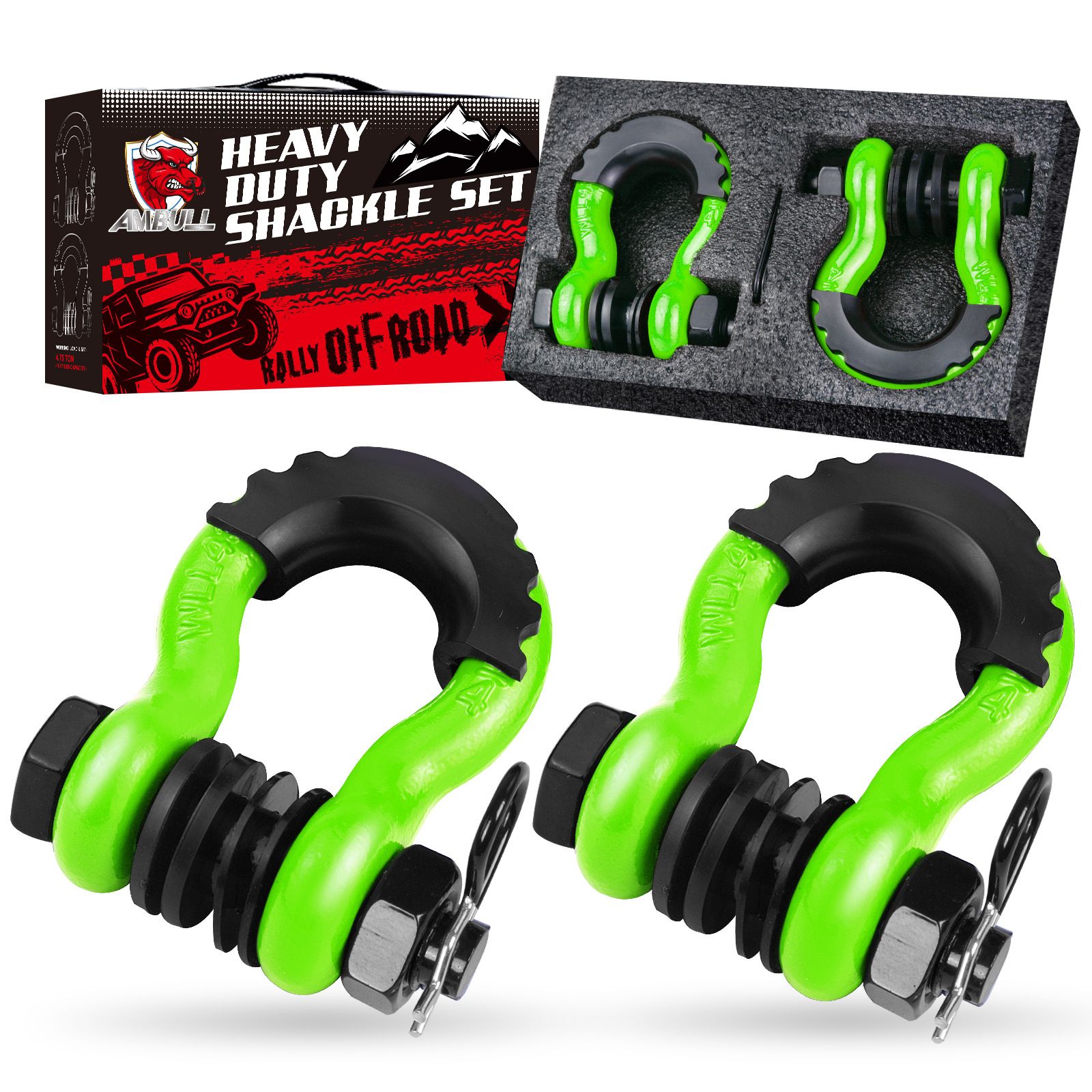 Gift Box Set of Green 3/4" D-Ring Tow Shackle (2 Pack) - Carbon Steel Bow