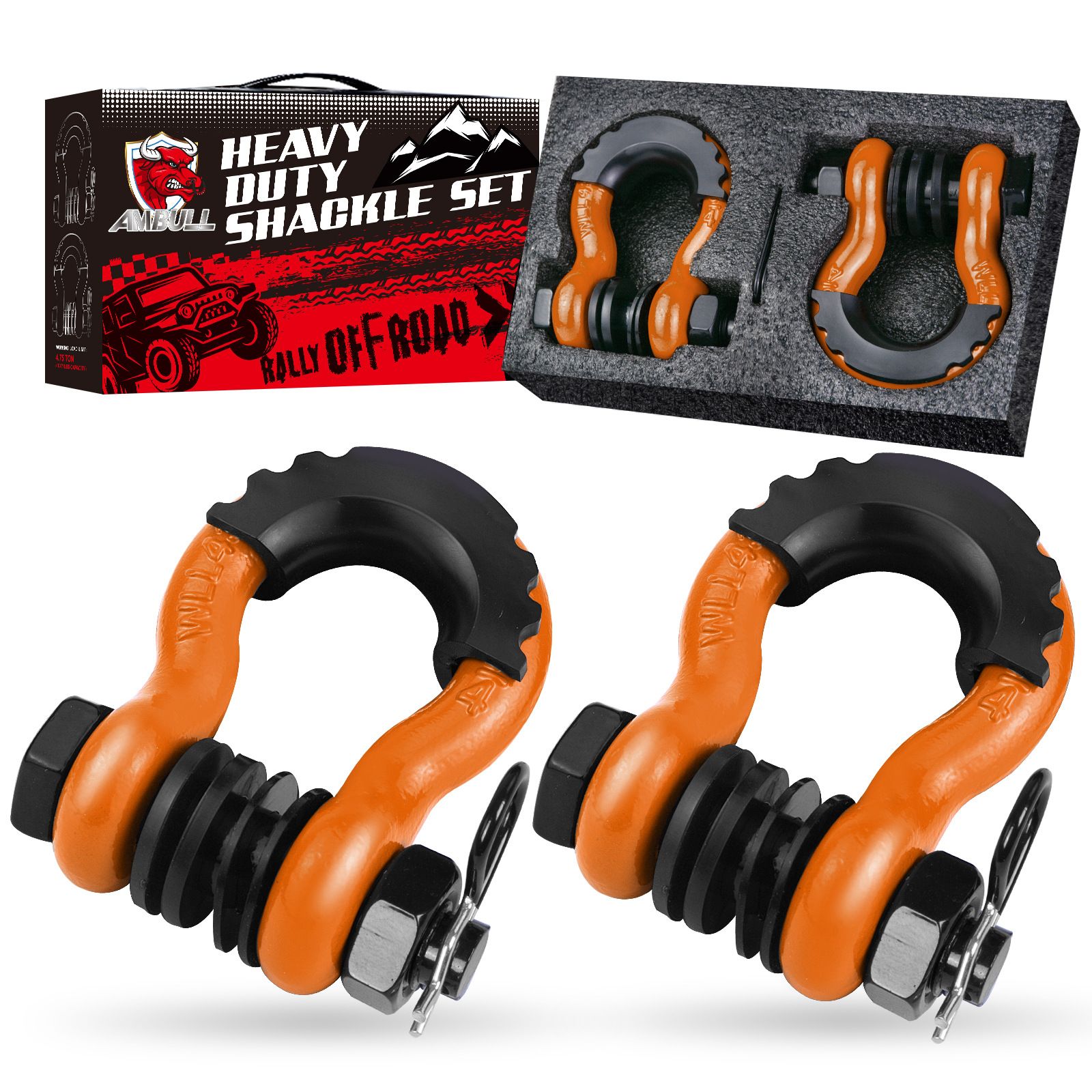 Gift Box Set of Orange 3/4" D-Ring Tow Shackle (2 Pack) - Carbon Steel Bow