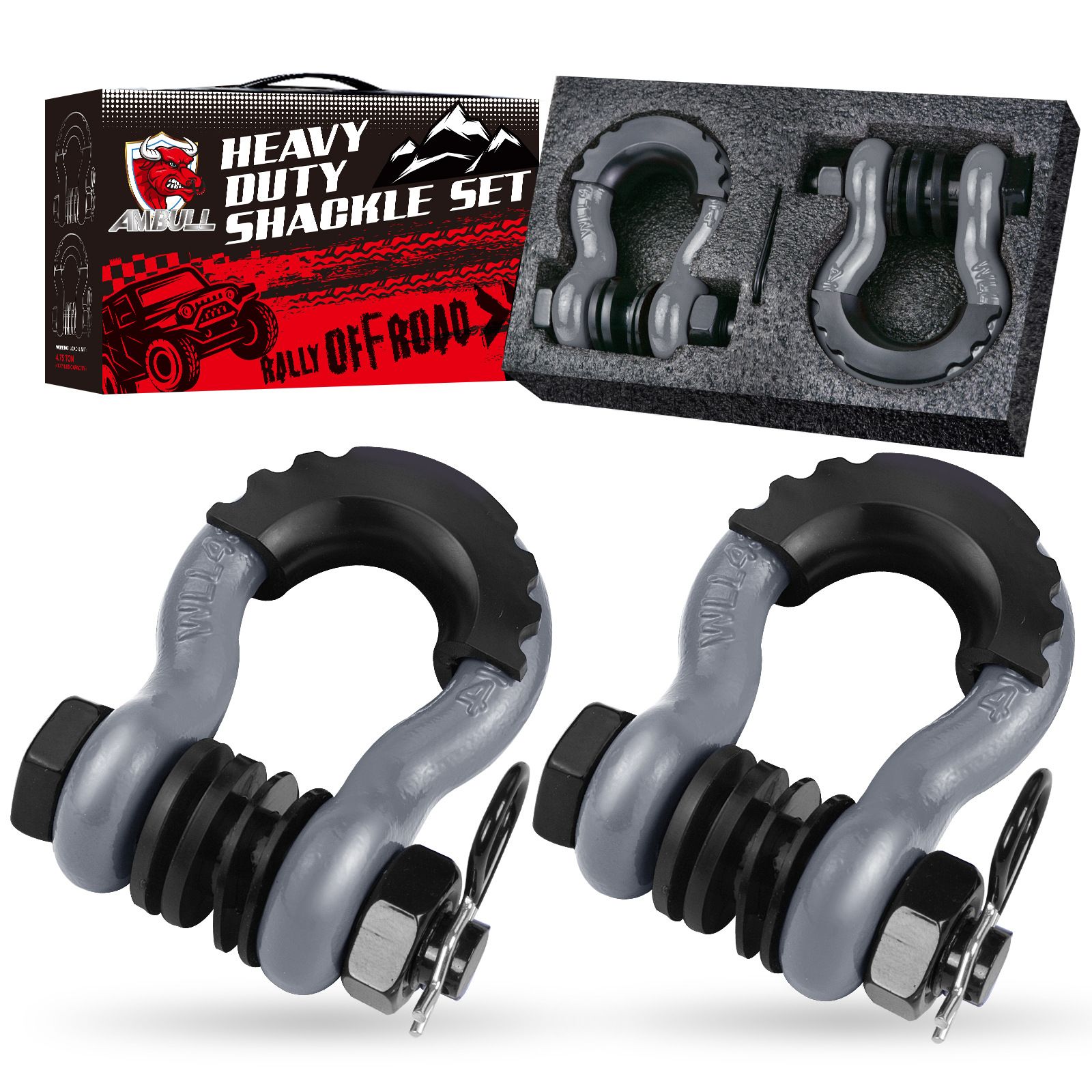 Gift Box Set of Grey 3/4" D-Ring Tow Shackle (2 Pack) - Carbon Steel Bow