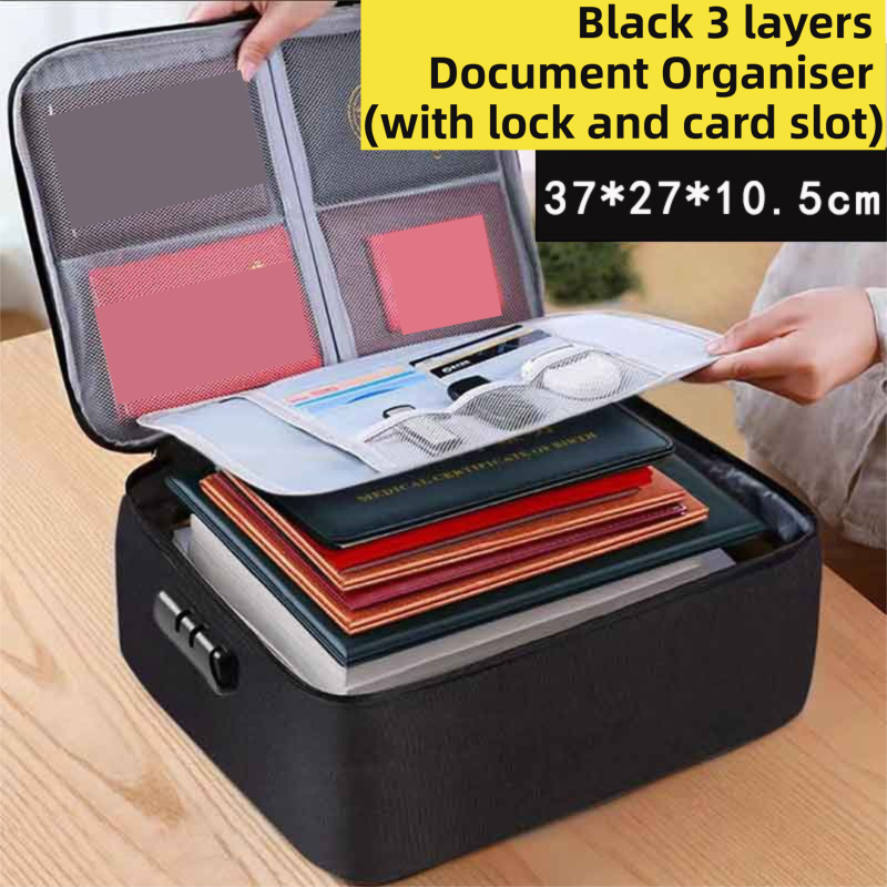 Black 3-Layer Large Capacity Document Organiser Bag with 3-Digit Combination Lock