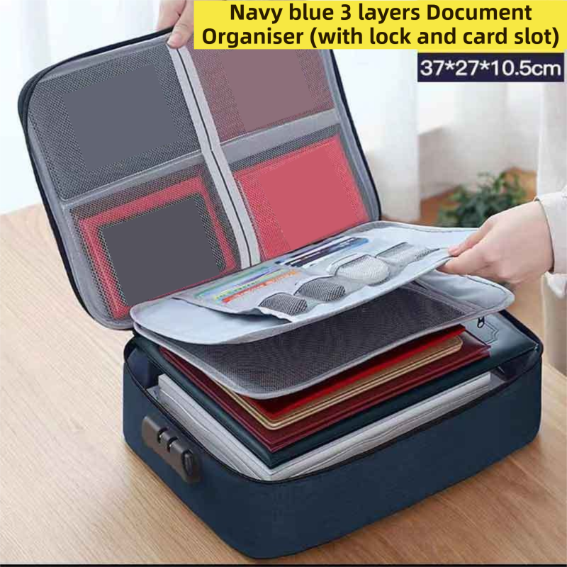 Navy Blue 3-Layer Large Capacity Document Organiser Bag with 3-Digit